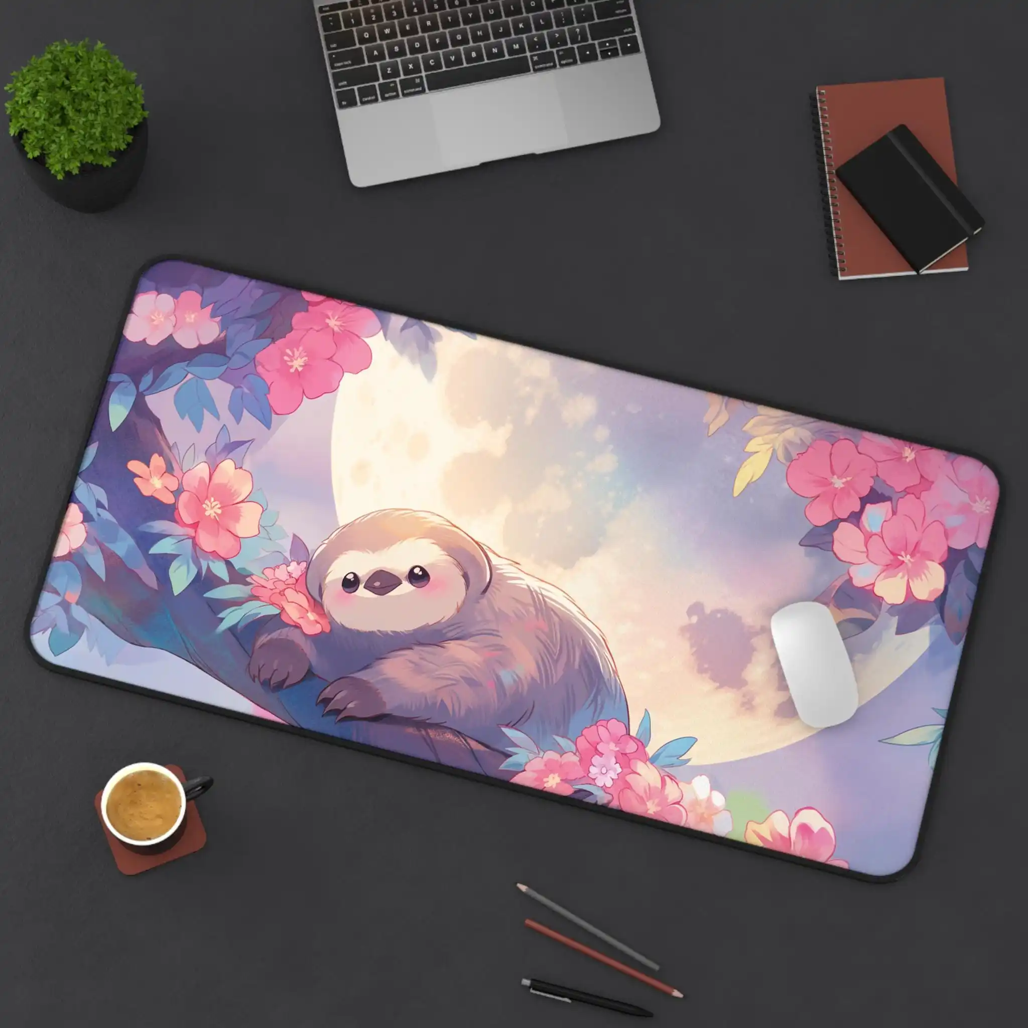 

Pink Pastel Anime Desk Mat,cute Anime Sloth Mousepad in The Moonlight,flower Game Mat,office Decoration,cute Desktop Accessories