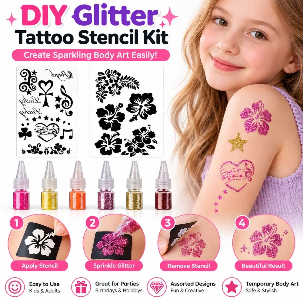 DIY Glitter Tattoo Stencils Sprinkle Glitter Y2K Style Temporary Tattoo Stickers Glitter Powder Body Decal Stickers