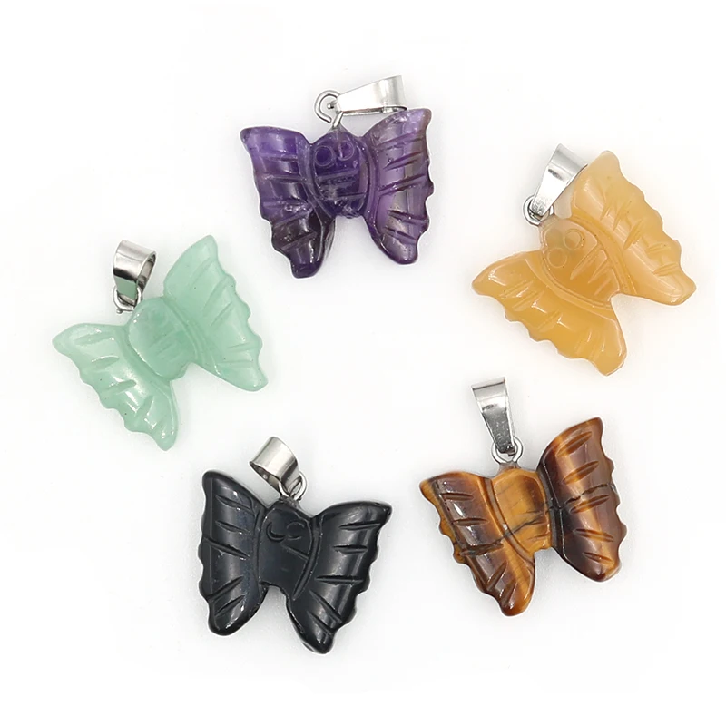 

20Pcs/Set Stone Butterfly Jewelry Pendant Carved Natural Crystal Healing Reiki Decor Craft Home Ornament Gemstone Wholesale