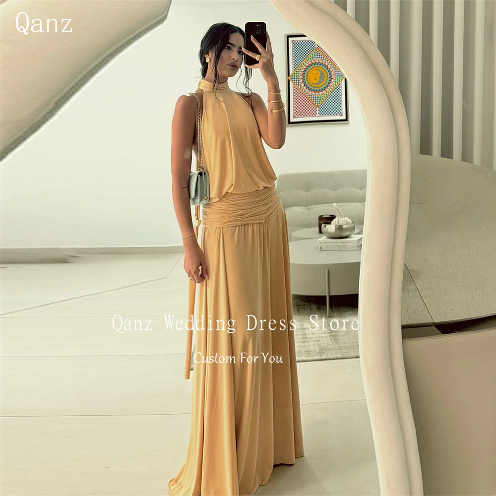 Qanz Modern Evening Dresses Halter Neck Sleeveless Yellow Prom Dress Floor Length Elegant Dresses For Special Event Customized