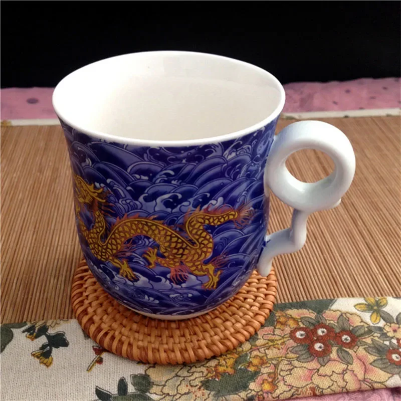 4pcs kit of Chinese Dragon Pattern Tea-Mug with Strainer Infuser and Lid and Saucer Ceramic Tea Mug   Porcelain Personal Tea Cup