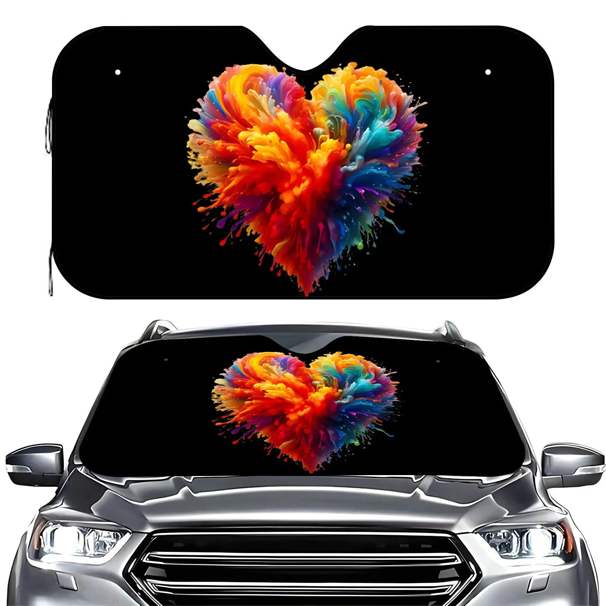 1pc Colorful Paint Splatter Heart Premium Car Sunshade Universal UV Scratch Resistant Windshield Protector With Cooling Effect