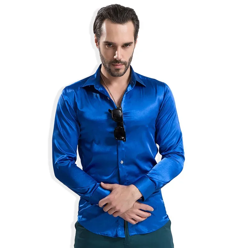 2024 Fashion Shiny Satin British Style Dress Shirt Luxury Ice Silk Long Sleeve Mens Casual Shirt Performance Clothing Wear Male