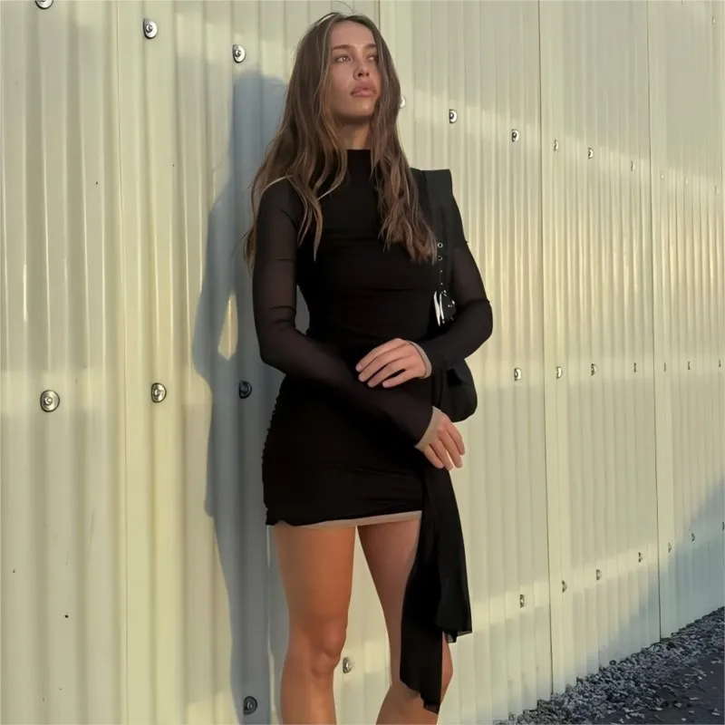 2025 été nouveau Sexy col rond Patchwork ruban cravate-détail à volants moulante Mini robe pour les femmes fille chaude Clubwear et robe de soirée