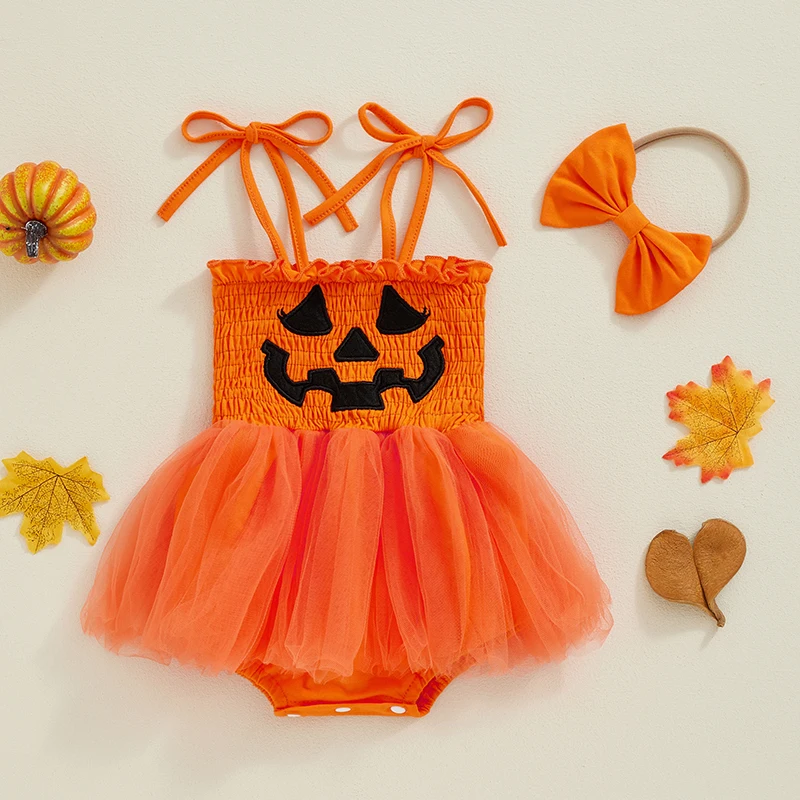 0-24Months Baby Girl Halloween Outfit Pumpkin Embroidery Shirred Spaghetti Strap Romper Dress Bow Headband 2 Piece Set