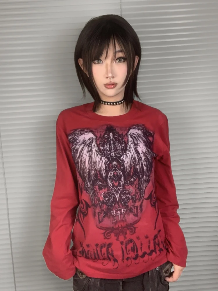 Punk Gothic Red Print T Shirt Long Sleeve Round Collar Y2k Tops for Women Casual High Street Pullover 2025 Spring Fashion