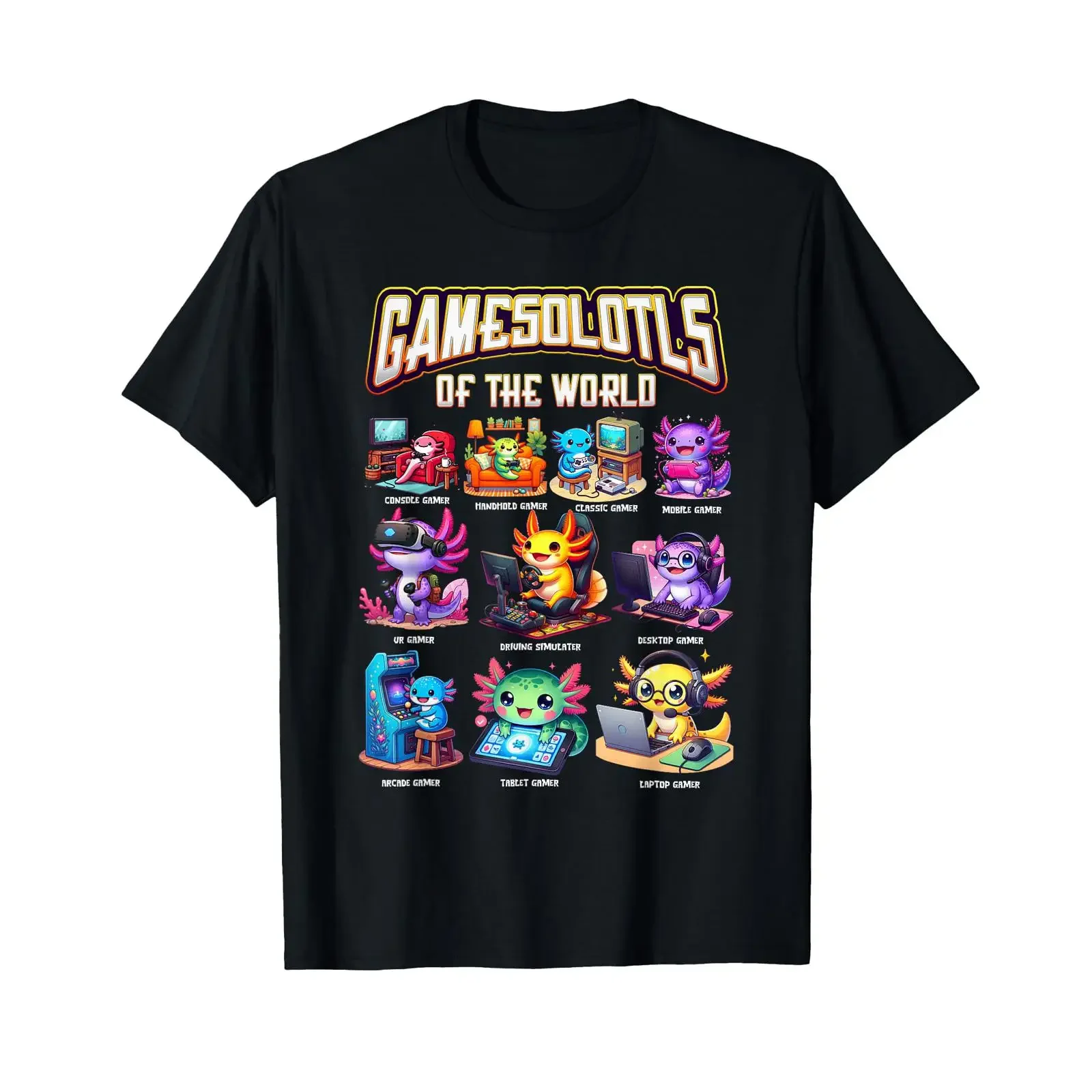 Gamesolotls of The World Diverse Gamer Axolotl Animal Gaming T Shirt vintage Washed homme Unisex Casual Breathable streetwear