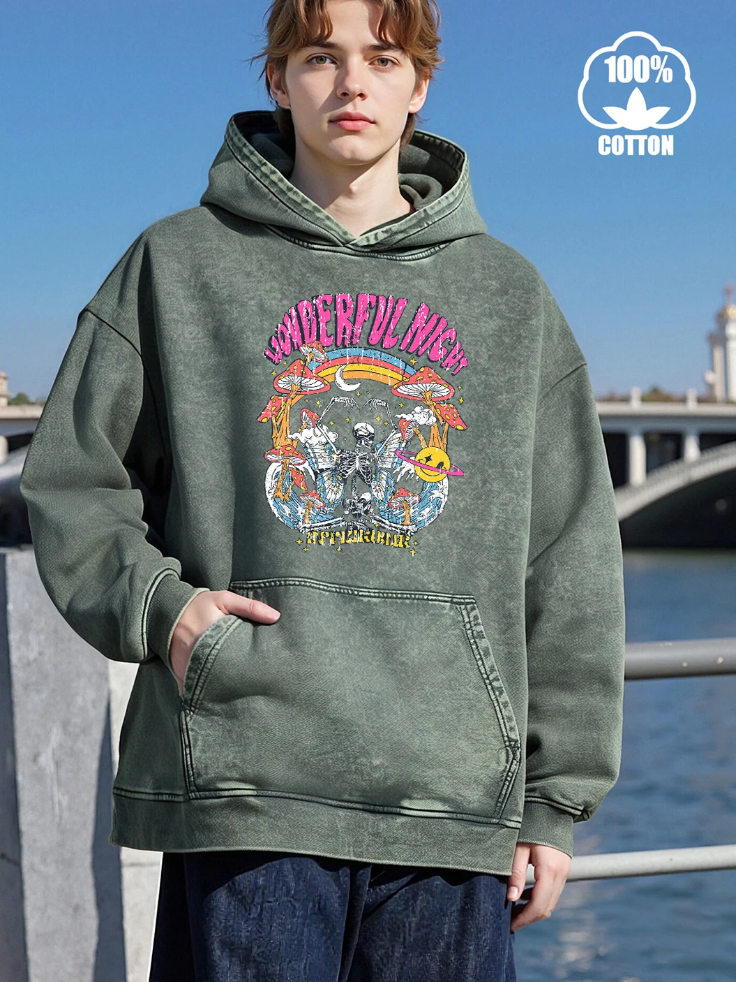 Wonderful Night Happy Skeleton Print Men Autumn Sweatshirt Warm Cotton Hoodie Fashion Loose Streetwear Hip Hop Soft Clothes