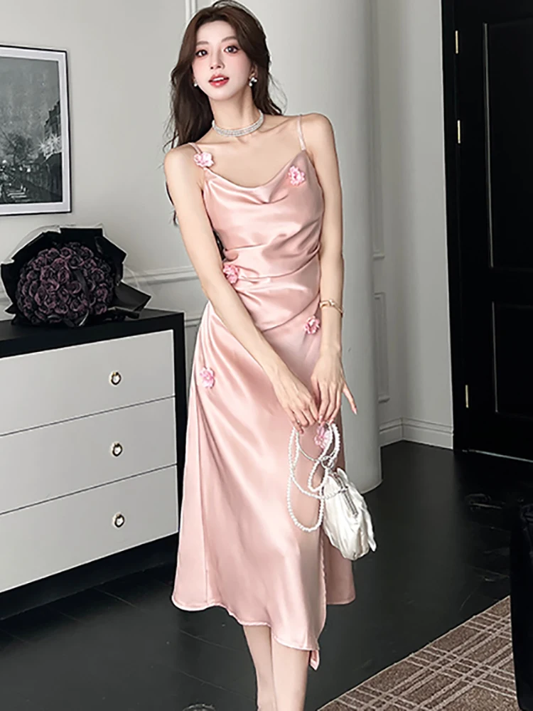 

Women Pink Satin Chic Appliques Sling Sexy Long Dress Summer Elegant Luxury Dress Gown 2026 Korean Bodycon Festival Party Dress