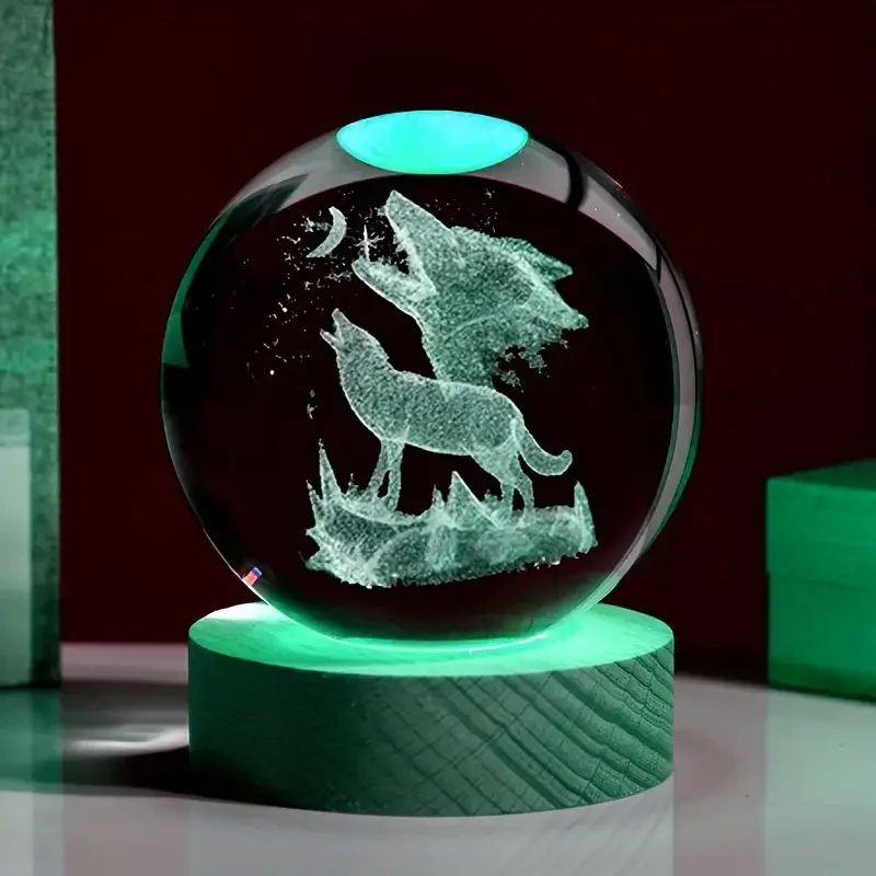 1 pc 3D laser carved crystal ball with Wolf howl pattern, suitable for bedroom living room home decoration