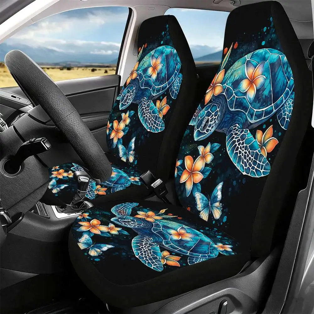 Set Of 2 Car Seat Covers Featuring Tropical Sea Turtles And Plumeria Flowers, Designed For Front Seats With A High Back. Made Fr