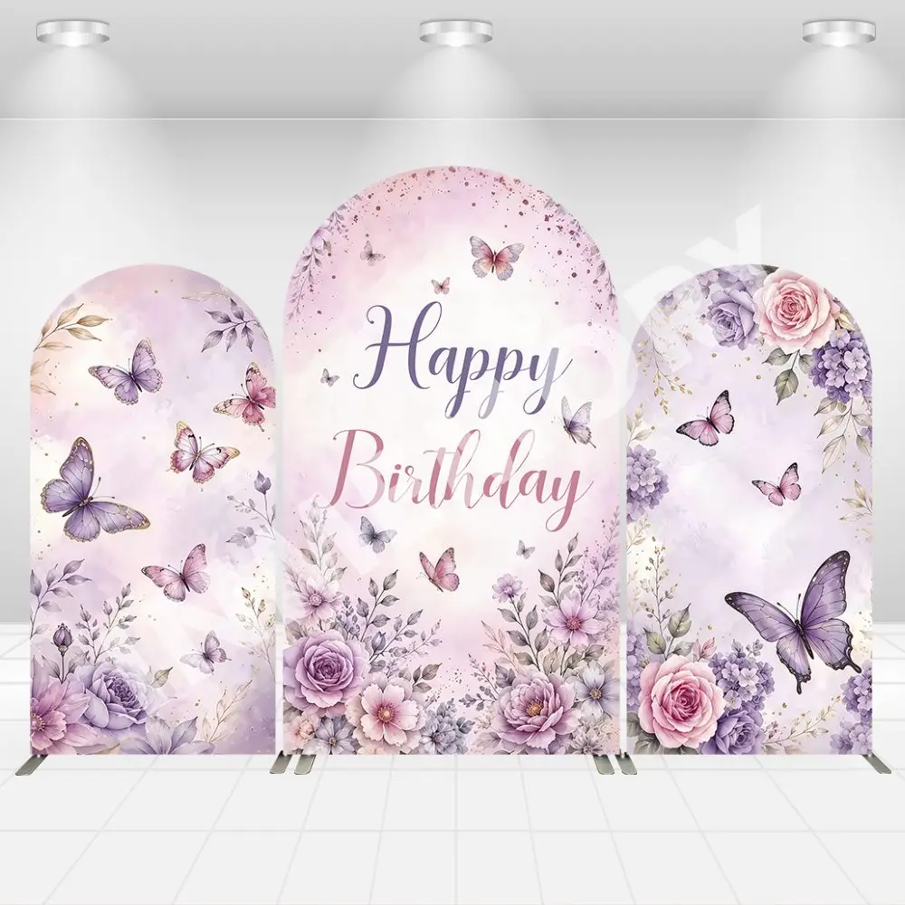 Housse d'arche double face Joyeux Anniversaire, fleurs violettes, papillon, pour fête de 1 an de fille, décor de table à gâteau