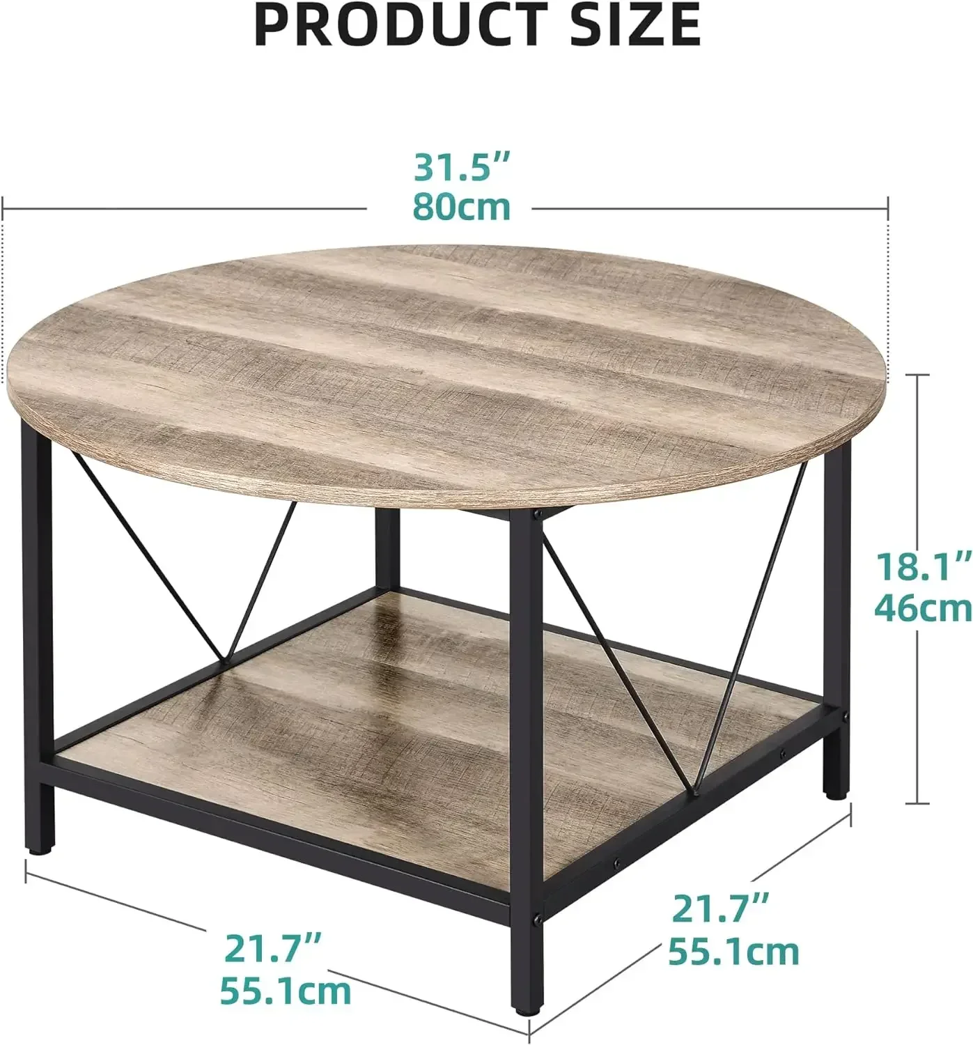 Mesa de centro redonda, mesas de centro de madera rústica para sala de estar con estante de almacenamiento, mesa de centro circular moderna de granja