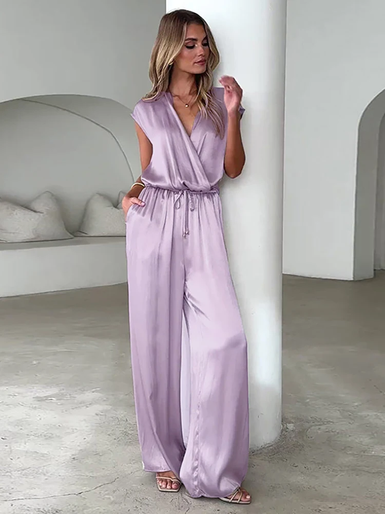 

JULISSA MO Satin V-neck Two Piece Sets Women Pant Suit Purple Short Sleeve Tops Long Pants Female Summer Loose Casual Pant Sets
