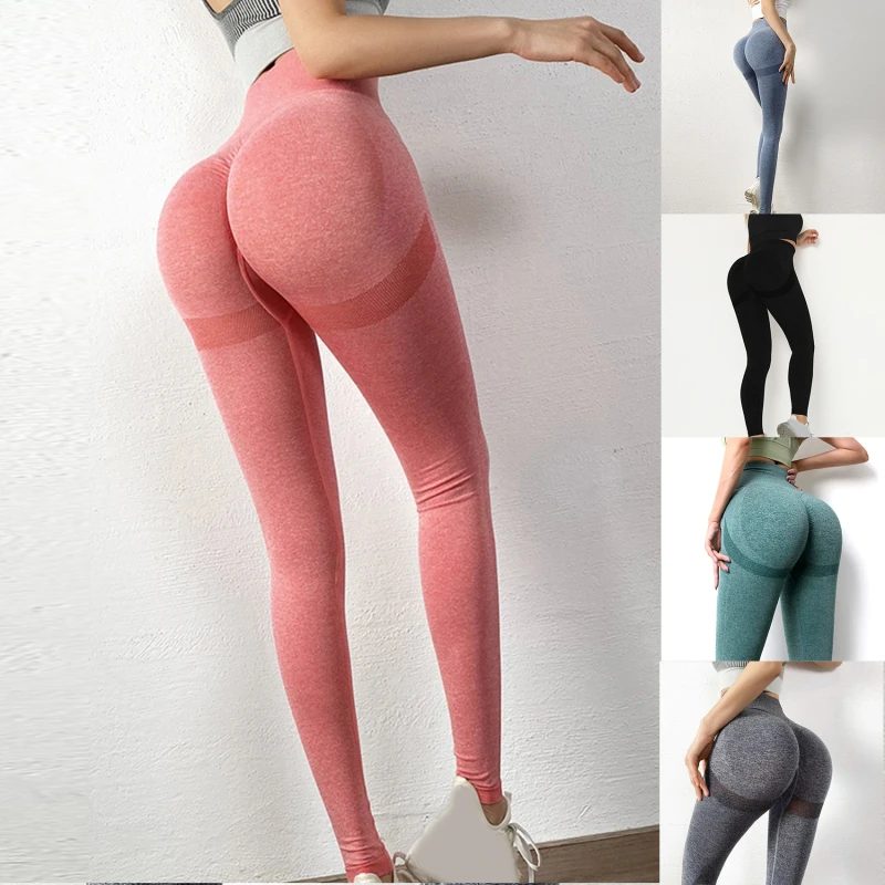 Celana olahraga wanita, celana legging Fitness Gym pinggang tinggi ramping persik, celana ketat melar