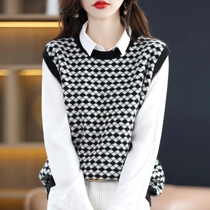 Women Clothes Sleeveless Plaid Knitted Sweater Vest Loose Simple Fashion Casual Pullovers Female Top