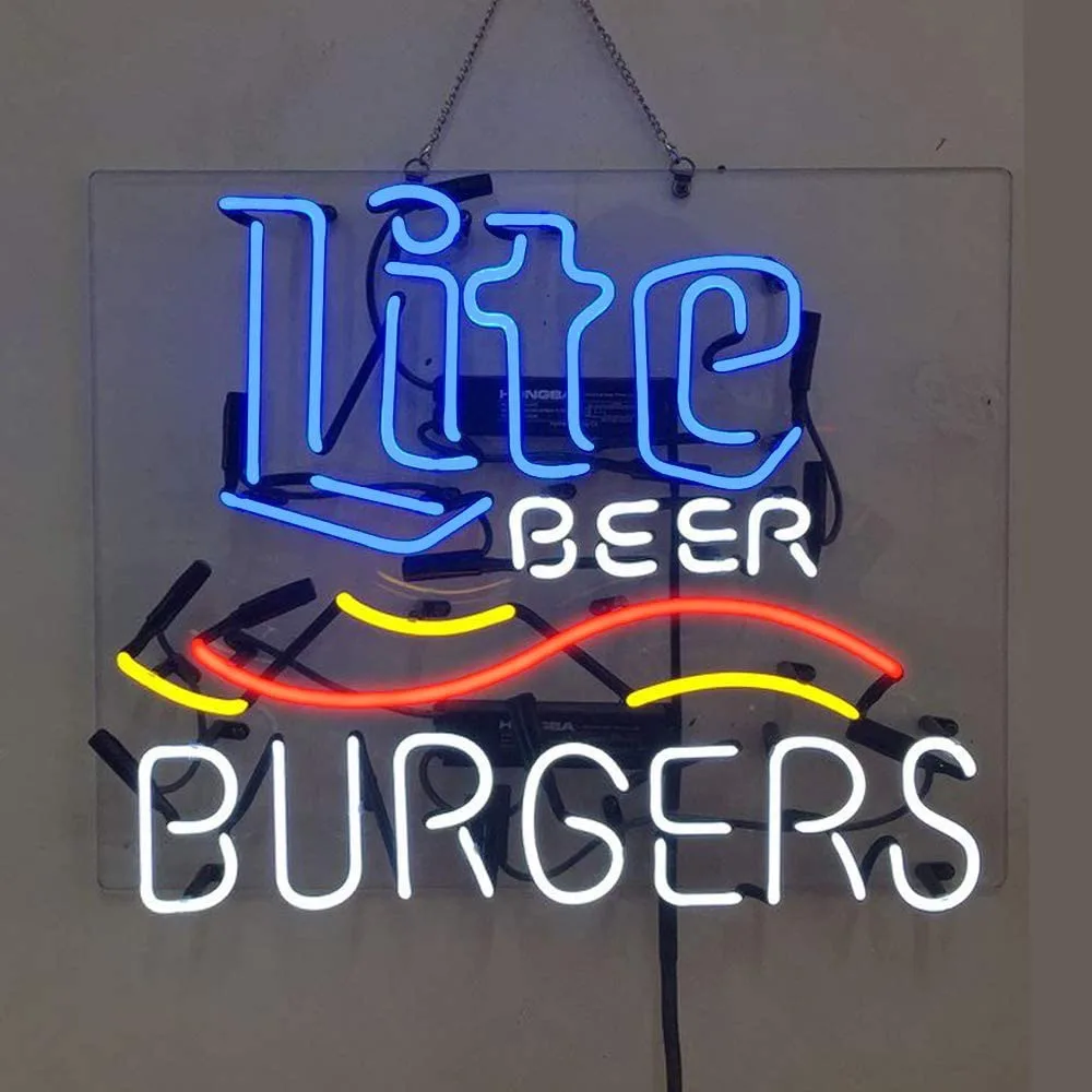 

Lite Beer Burgers Neon Light Sign Custom Handmade Real Glass Tube Bar Store Advertise Display Lamp Room Decor On Wall 19"X15"