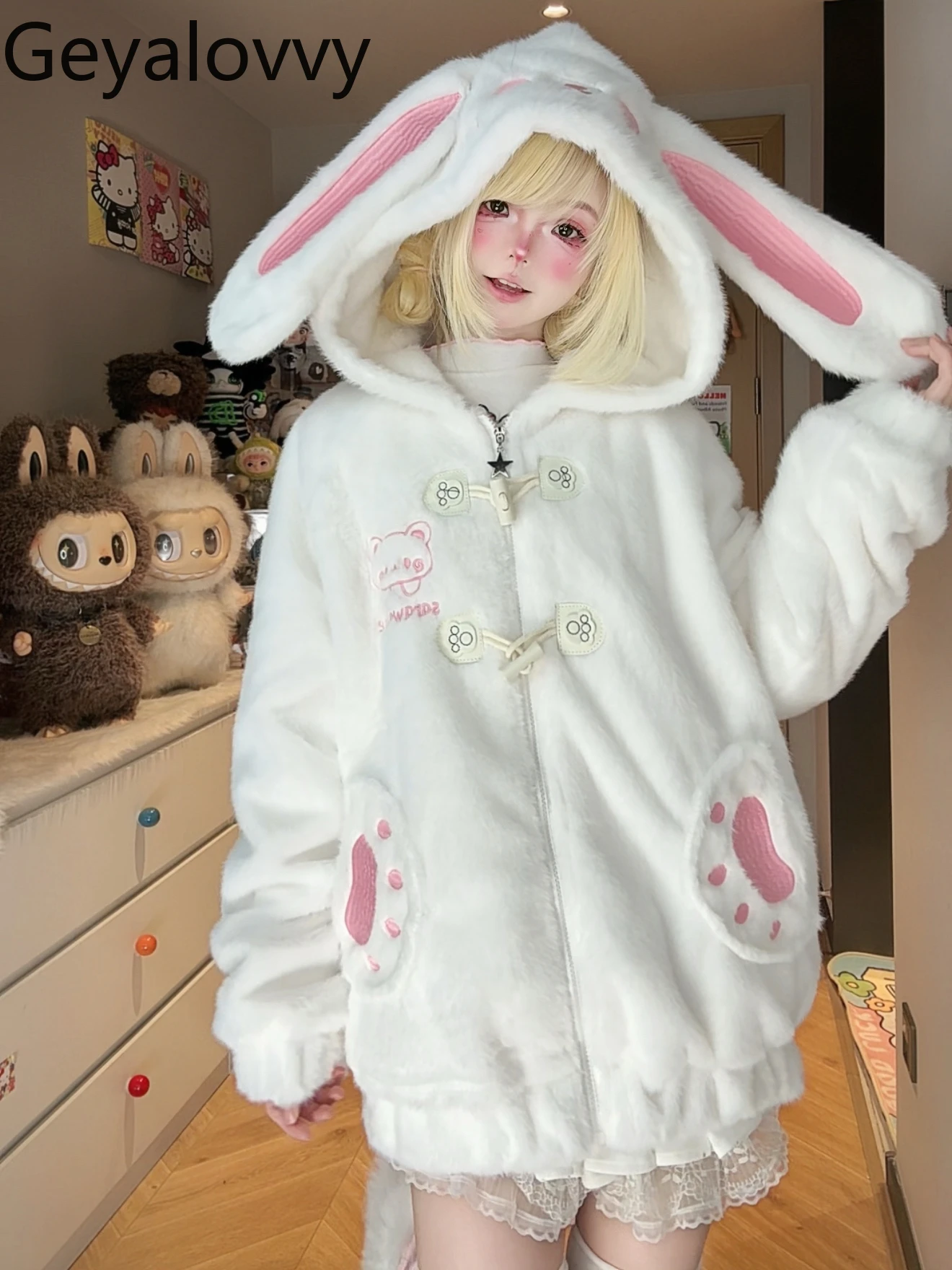 Original Design Winter New Sweet Cute Thickened Cotton Jacket for Women Loose Versatile White Hooded Warm Zipper Parkas Coat