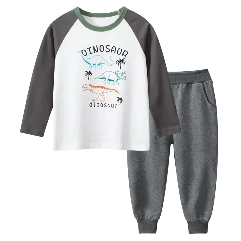 2025 Spring Autumn New Cartoon Print T-Shirt + Solid Trousers Boys Sets Children's Dinosaur Long Sleeve Cotton Top & Pants 2PCS