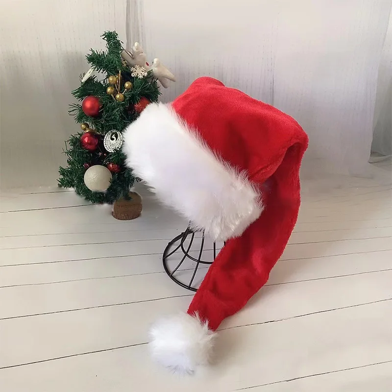 

Christmas Plush Santa Hat Xmas Long Plush Holiday Red Pink Black Green Hat for Adult Kids Unisex New Year Festive Party Supplies