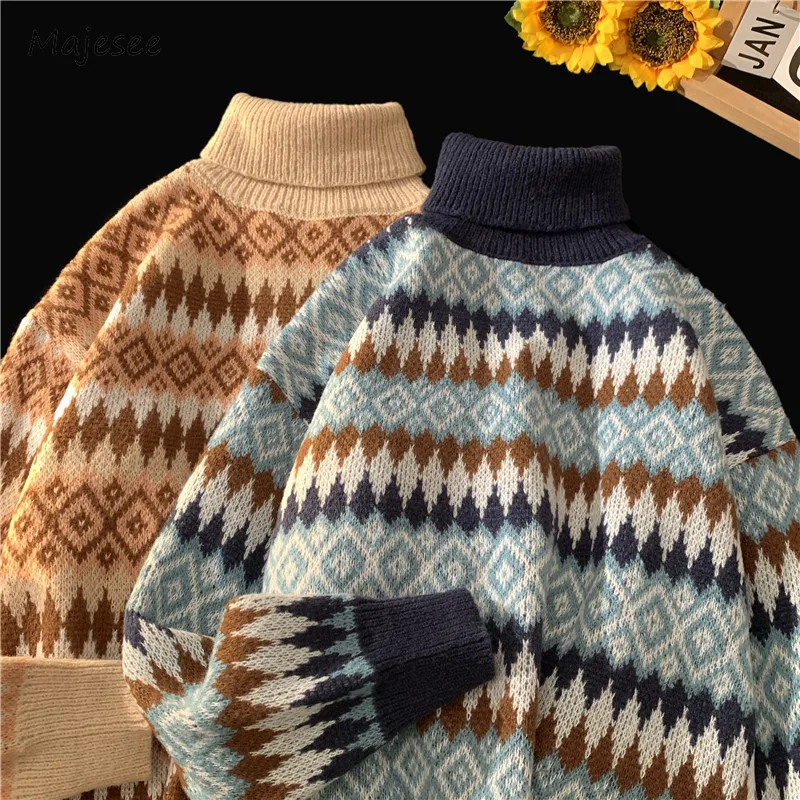 Mock Neck Sweaters Men Geometric Trendy Traditional Baggy Long Sleeve Knitting Pullovers Harajuku Leisure Japanese Style Warm