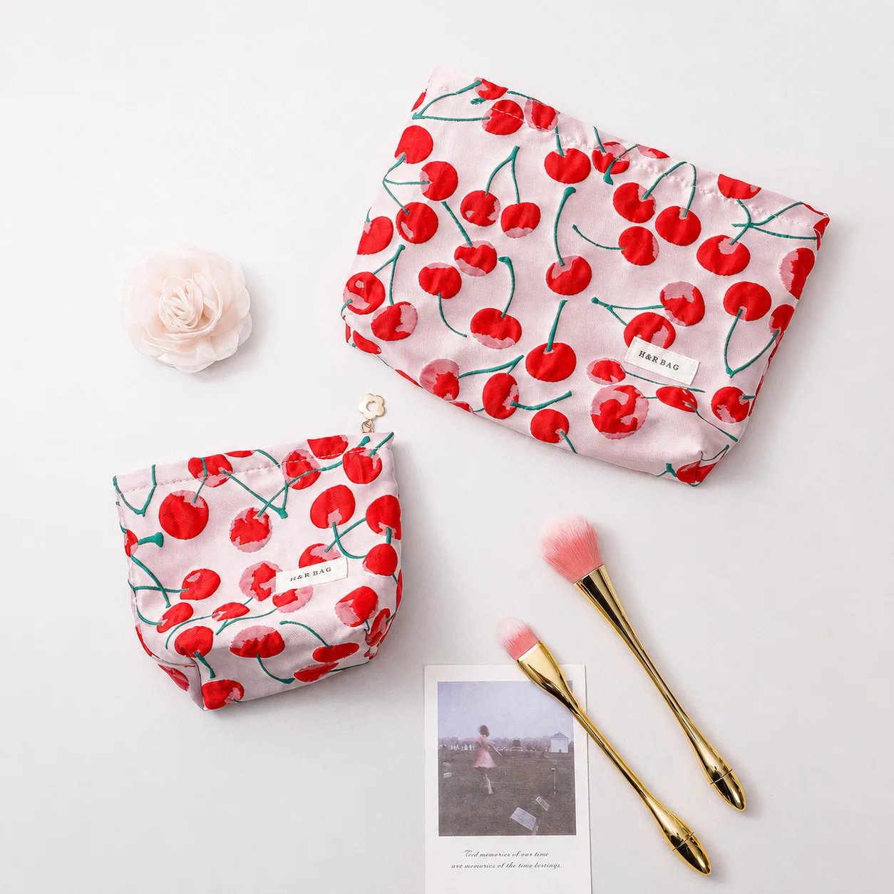 Cherry Print Canvas Portable Clutch Cosmetic Bag Travel Makeup Skincare Storage Pouch for Women