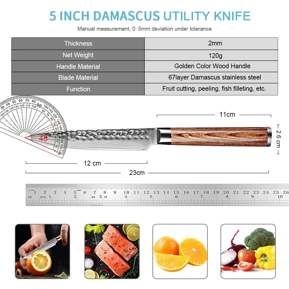 XITUO Kitchen 5 Inch Utility Knife Damascus Steel Sharp, Paring Knife Slicing & Peeling Fruit & Vegetables, Golden Wooden Handle