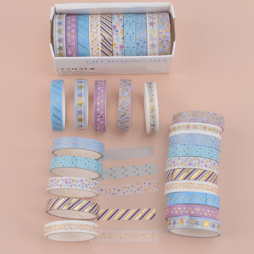 10Rolls Stars Washi Tape Decorative Adhesive Tape School Journal Supplies Gold Foil Scrapbooking Kawaii Stationery Masking Tape