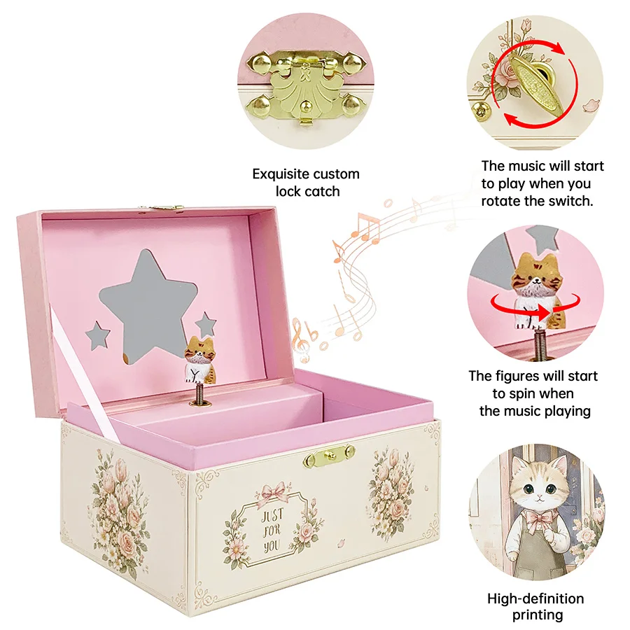 Viral Hit New Vintage Floral Cat Themed Musical Box HD Printing Golden Lock Star Mirror Drawer Rotating Kitten Multi-use Jewelry