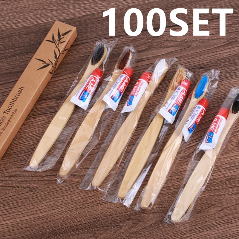 100Pack Bamboo Toothbrushes Kit Bulk, Disposable Toothbrushes with Toothpaste(3g), Individually Wrapped Toiletries Amenities