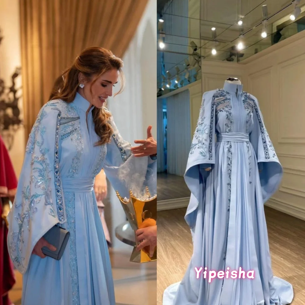 Moroccan Kaftan Muslim Evening Dress A-line Long Sleeves High Neck Applique Sequins Dubai Arabic Abaya Prom Gowns Customized