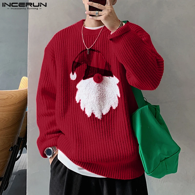 INCERUN Tops Korean Style Men's Fashion Texture Funny Christmas Pattern Hoodie Casual Streetwear Long Sleeved Sweatshirts S-5XL