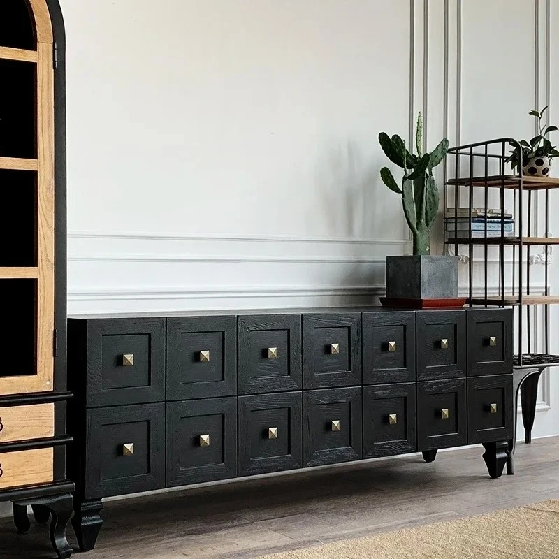 Mobile TV da soggiorno retrò in legno massello nero country americano, armadietto semplice e moderno, mobile TV