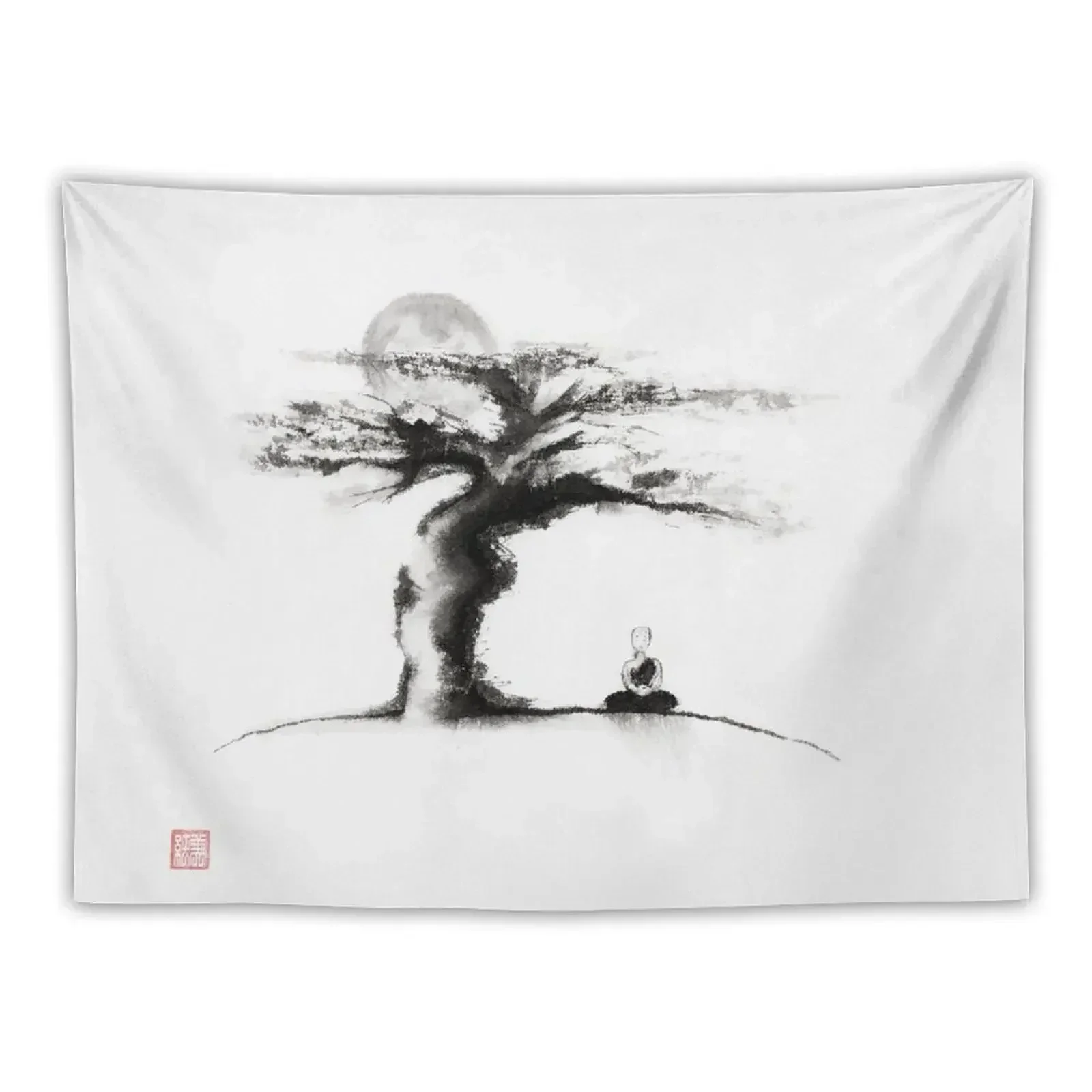 A monk meditating under an old tree in the moonlight Japanese Zen Sumi-e painting art print Tapestry Wall Hanging Wall Tapestry