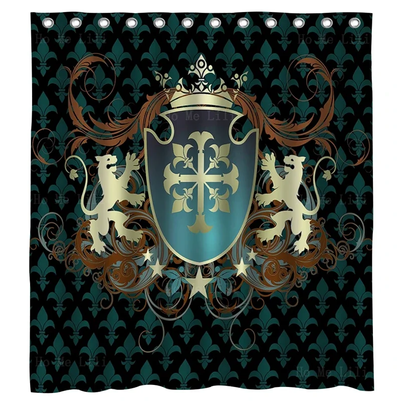 Middle Ages Coat Of Arms Crown Lions And Swirls Medieval Heraldic Design Shower Curtain By Ho Me Lili For Bathroom Decor