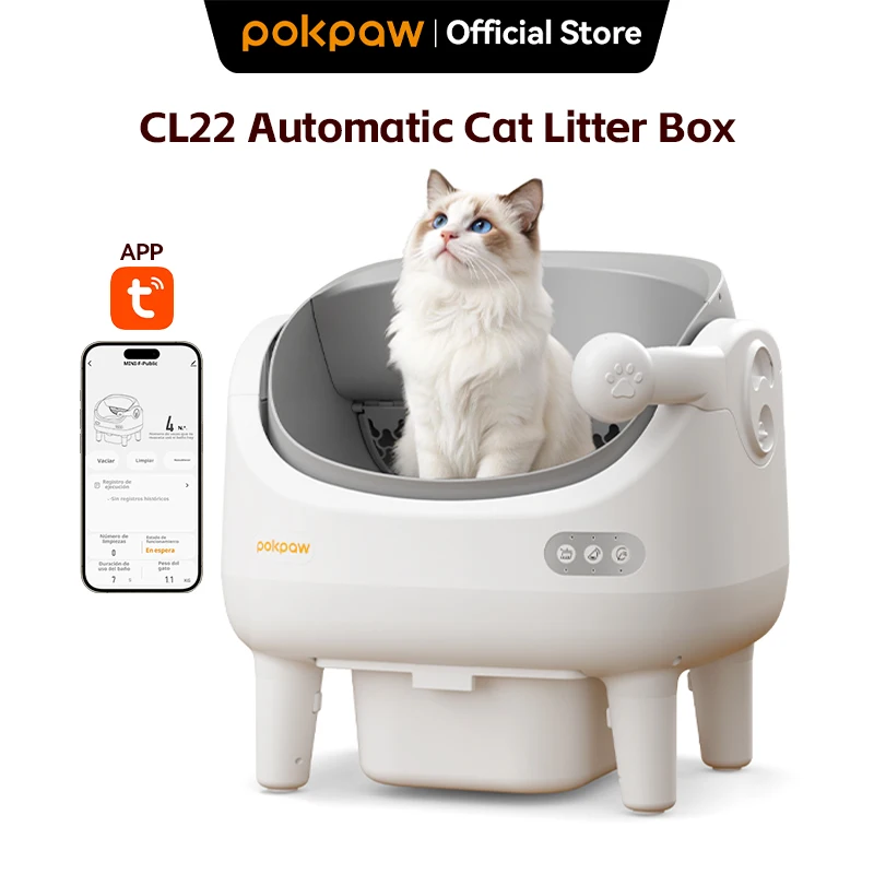 Caja de Arena Automática para Gatos Pokpaw CL22 con Pulverizador, Antipolvo y Desodorización, Bajo Ruido, Doble Radar Infrarrojo, Anti-Aturdimiento