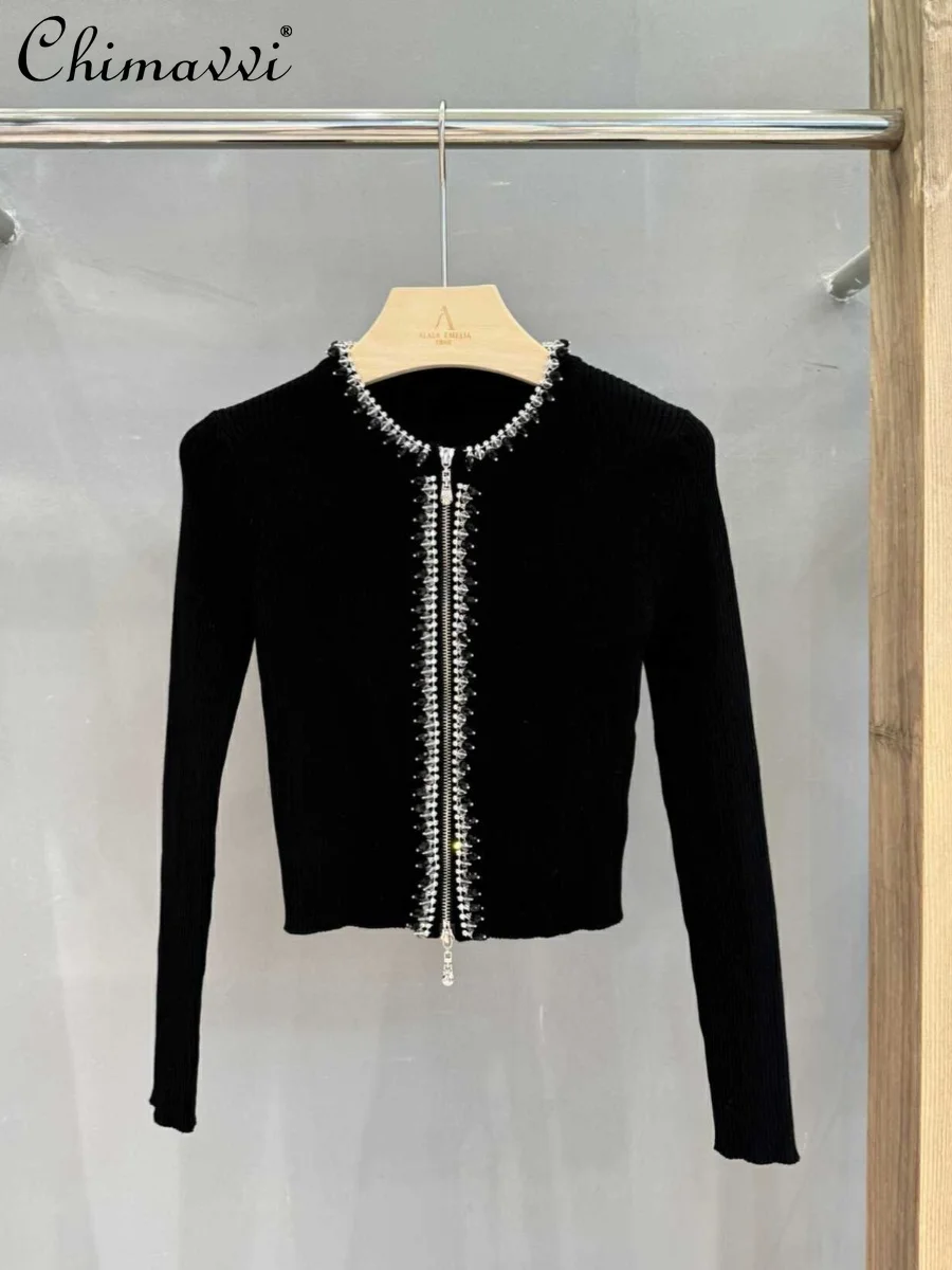 

French Style Elegant Commuter Diamond Beaded Round Neck Long Sleeve Black Zipper Sweater Knitted Cropped Cardigans Women Autumn