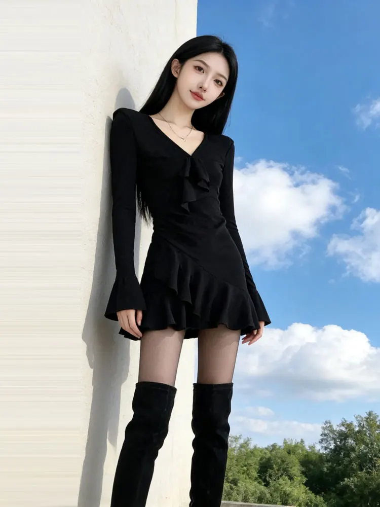 

Bla V-Ne Knitted Wrap Body Dr Women's Design Sensation ort Skirt Asymmetrical Hemline Hepburn Sle Dr