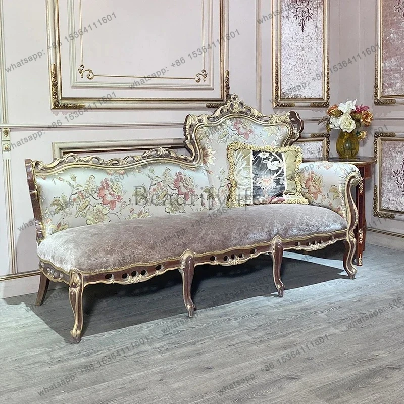 

French classical light luxury court style solid wood carving flower beauty couch villa home fabric princess chair
