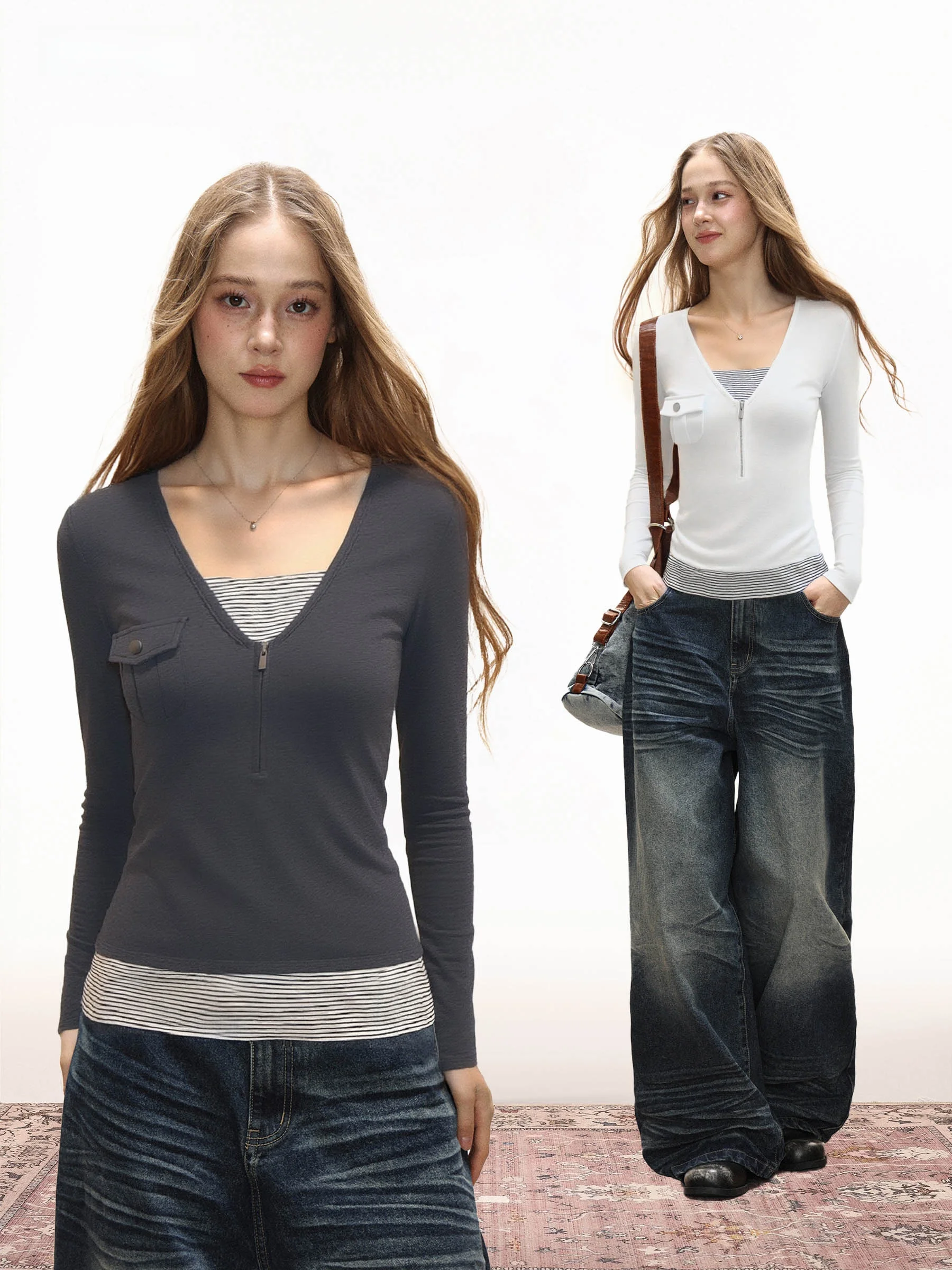 

Slim Fit Striped V-Ne T-irt Women's Autumn Winter f Zip Base irt Korean Sle Long Sve Youthful Pattern Splicing