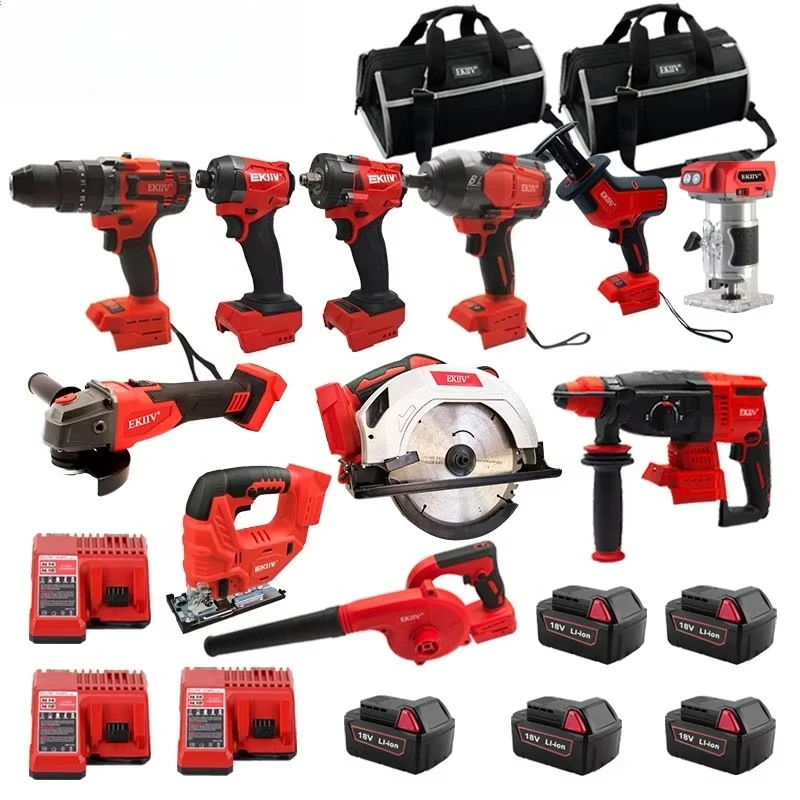 EKIIV Industrial 12Pieces Tool 18V Brushless Cordless Set Cordless Drill Machine Set Other Hand Wrench Tools Kit Tool Sets