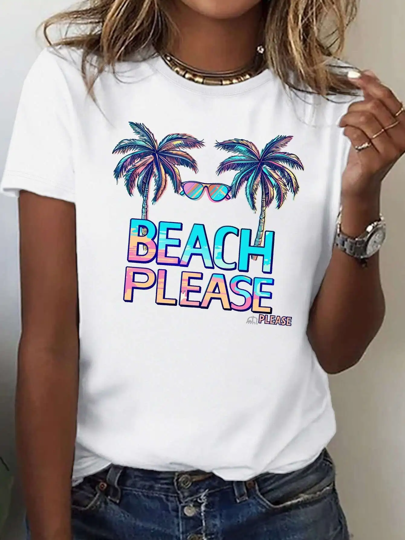 

Women's "BEACH PLEASE" Graphic T-Shirt Crew Neck with Palm Tree and Fashion Glasses Design Short Sleeve Aesthetic Clothes