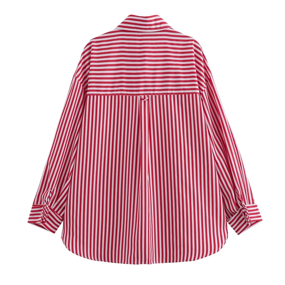 PB&ZA 2024 Women\'s Summer European and American Style Casual Versatile Curled Cuff Red Stripe Loose Shirt