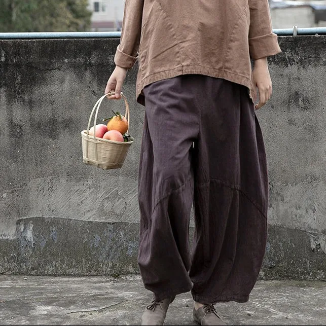 

Design sense New cotton and linen splice wide-leg casual lantern nine-point pants fashionable simple temperament elegant vacatio