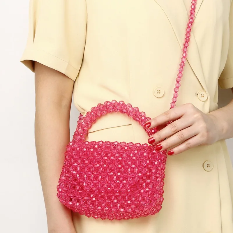 

Trendy Handmade Transparent Acrylic Beaded Handbag Candy Color Small Square Bag Knitted Handheld Banquet Evening Crossbody Bag