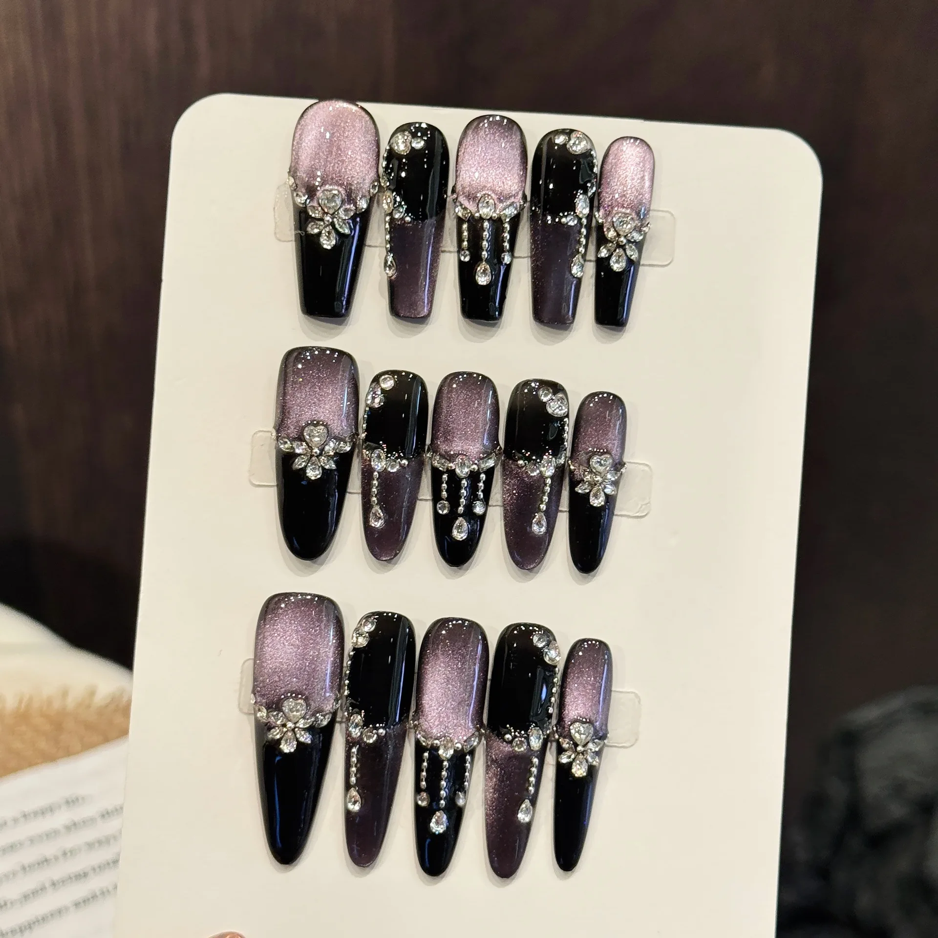 10pcs Black Purple French Style Handmade Fake Nail Light Luxury Violet Cat's Eyes False Nails Shiny Rhinestone Press On Nail