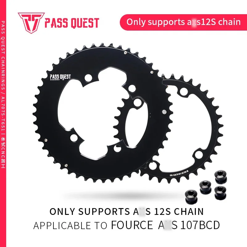 PASS QUEST 107BCD-Quarq 2X Chainring for Sram forForce Road Bike/Gravel Bike for Flat Top Chain 12S 46-33T 48-35T 50-37T 52-39T
