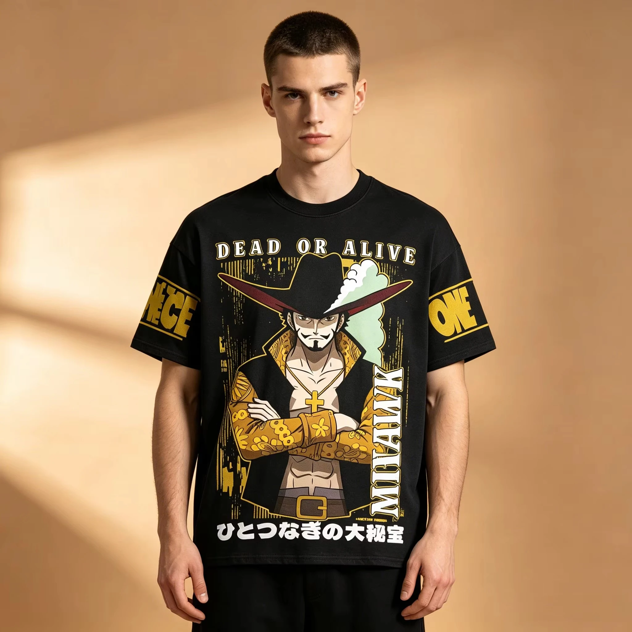 Men's Anime Graphic T-Shirt Solid Black Base One Piece Dracule Mihawk Wanted Poster Print Sleeve ONE PIECE Letter Soft Breathab