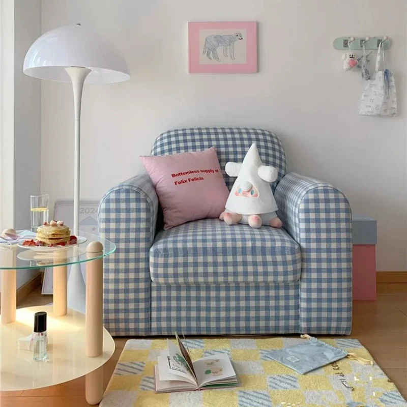 

Sofa cream blue and white plaid shop photography small square single pastoral Nordic French