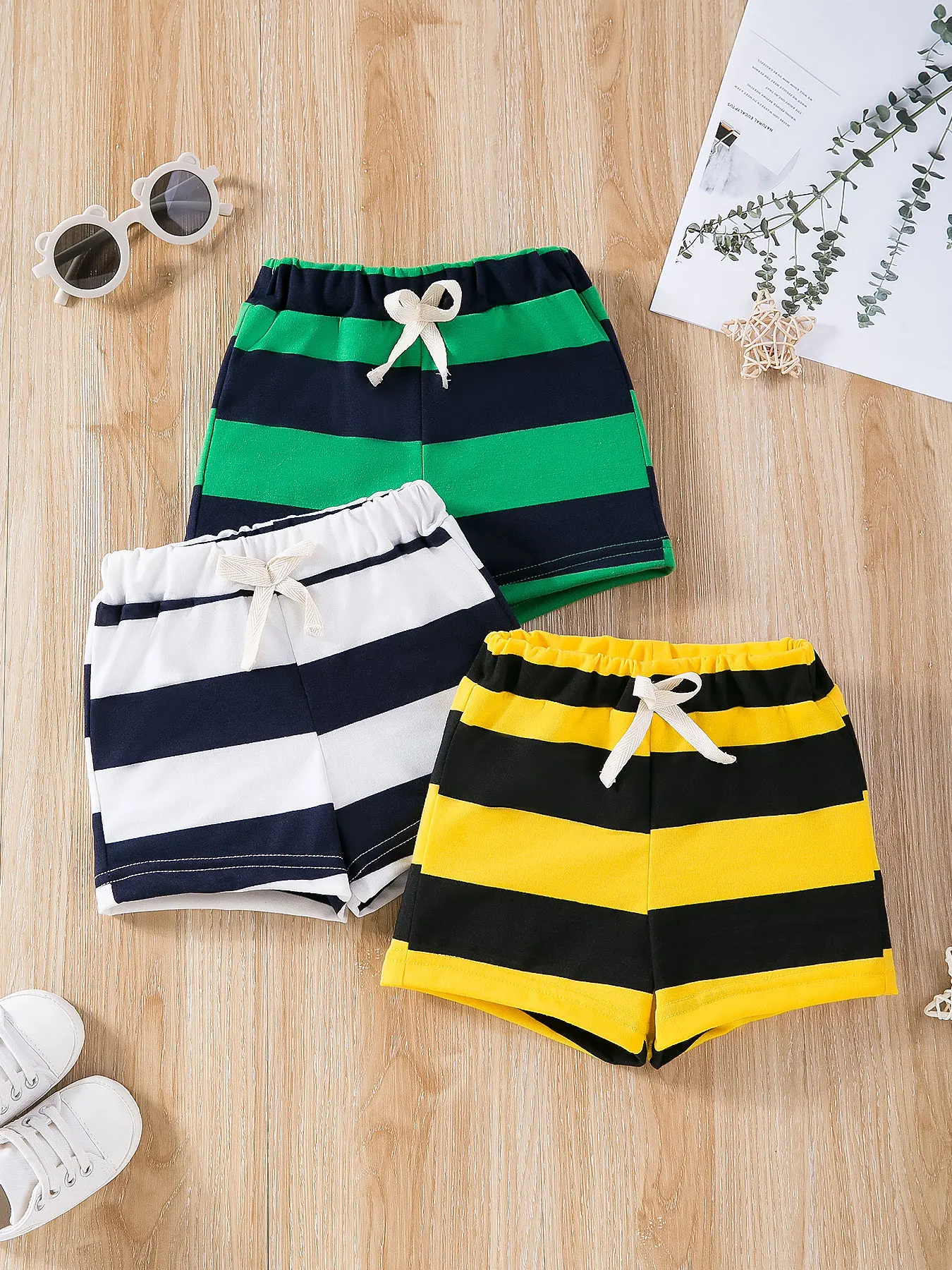 Baby Boy Spring Summer Striped Shorts Drawstring Decor Daily Casual Sports Style Kids Outfit